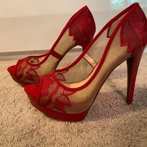 Jessica Simpson Red Lace/Nude Mesh Pump (8M/38)